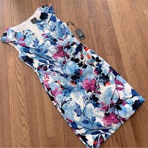 Adrianna Papell Cocktail Dress Sky Blue Multicolor Floral Ruched Knit Crepe US8